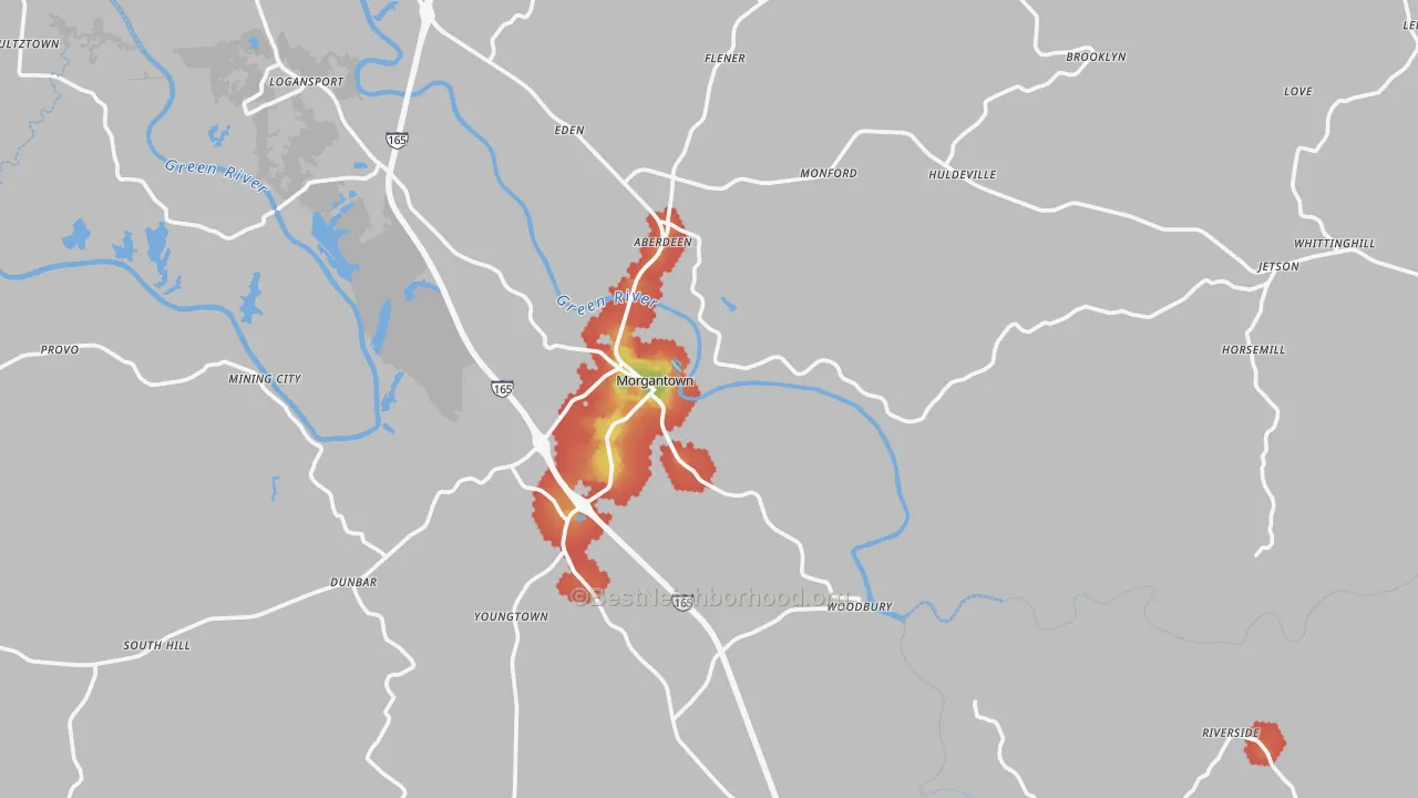 Walk Grade map of Morgantown, KY, walkable areas in green and car-dependent areas in red