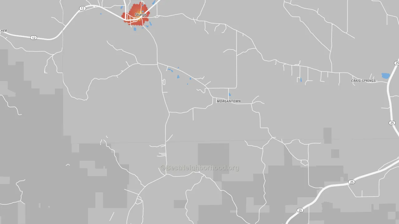 Walk Grade map of Morgantown, MS, walkable areas in green and car-dependent areas in red