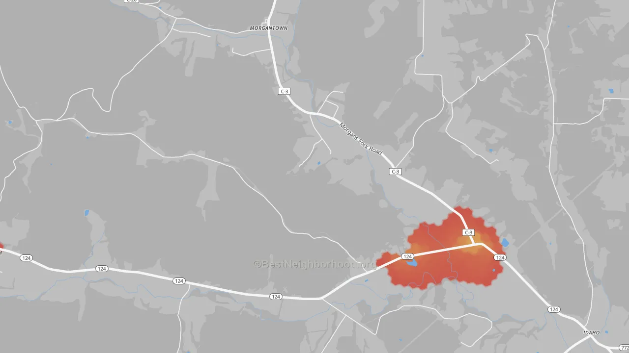Walk Grade map of Morgantown, OH, walkable areas in green and car-dependent areas in red