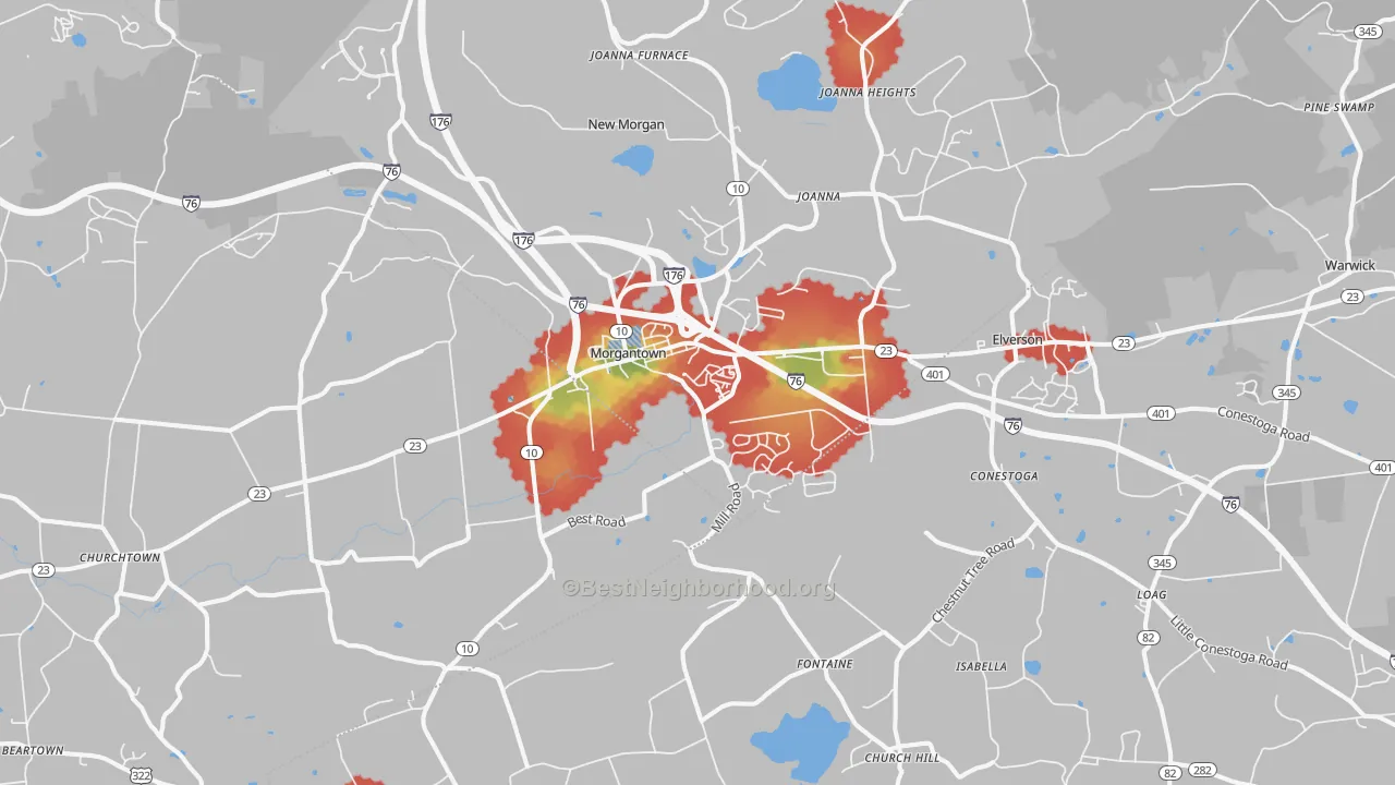 Walk Grade map of Morgantown, PA, walkable areas in green and car-dependent areas in red