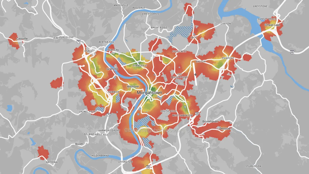 Walk Grade map of Morgantown, WV, walkable areas in green and car-dependent areas in red
