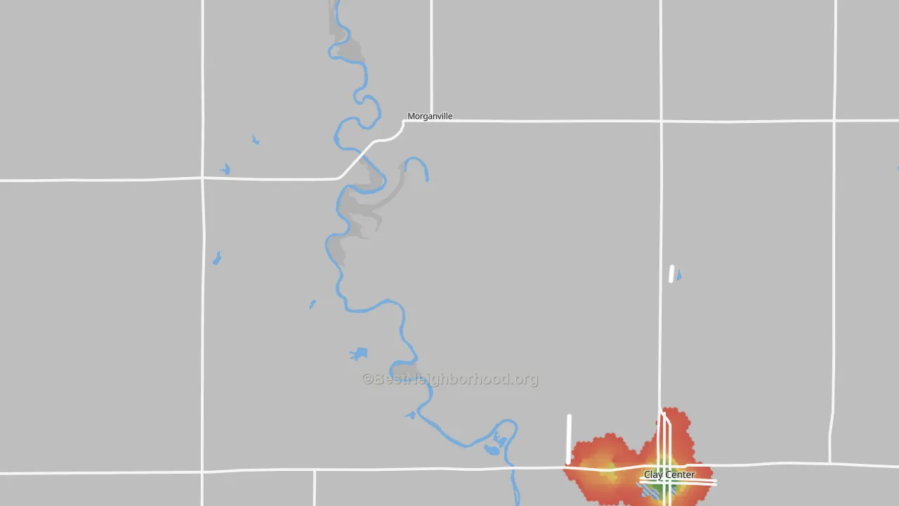 Walk Grade map of Morganville, KS, walkable areas in green and car-dependent areas in red