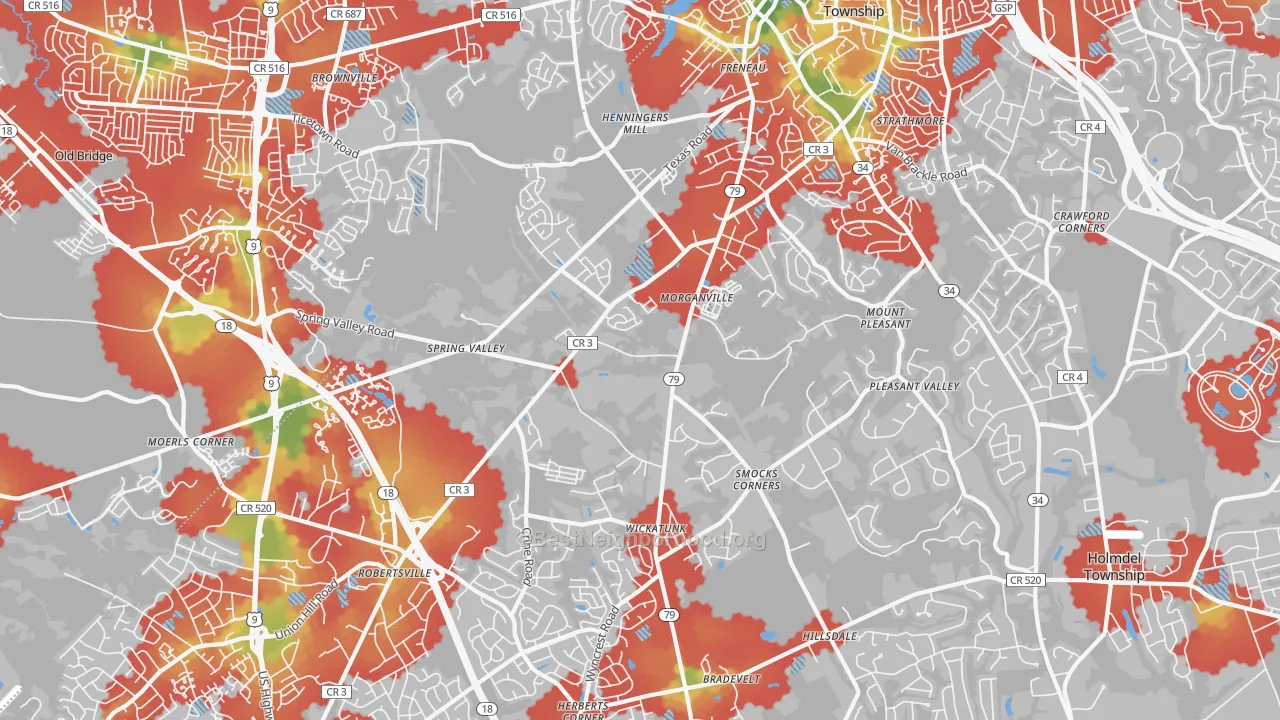 Walk Grade map of Morganville, NJ, walkable areas in green and car-dependent areas in red