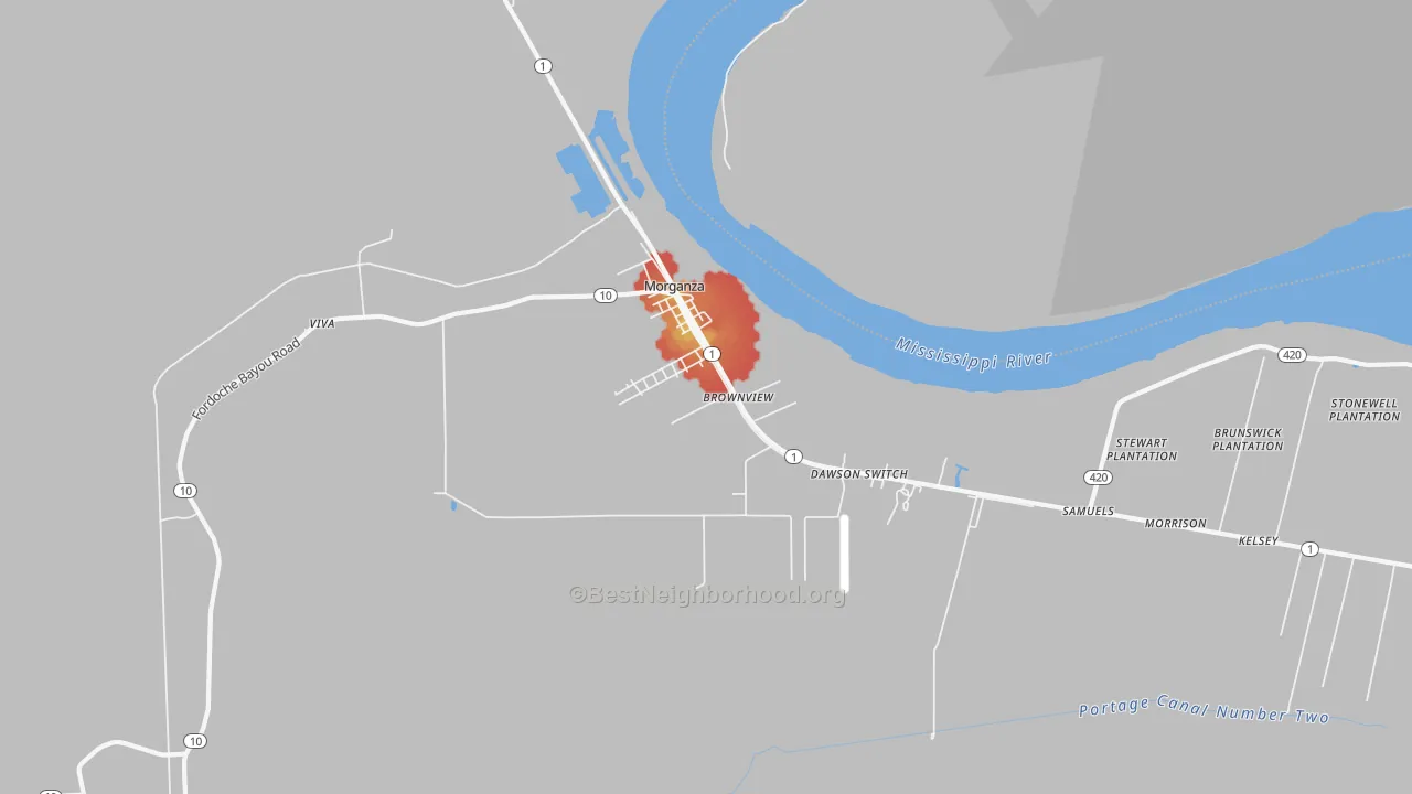 Walk Grade map of Morganza, LA, walkable areas in green and car-dependent areas in red