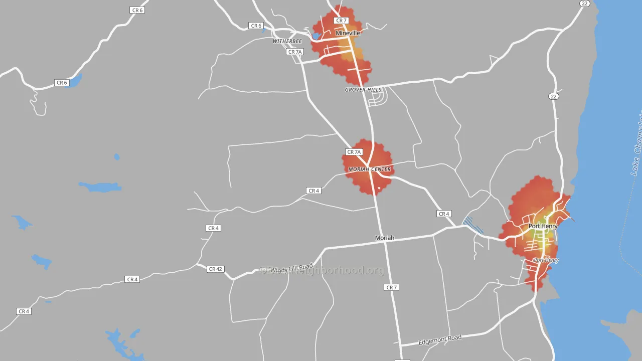 Walk Grade map of Moriah Center, NY, walkable areas in green and car-dependent areas in red