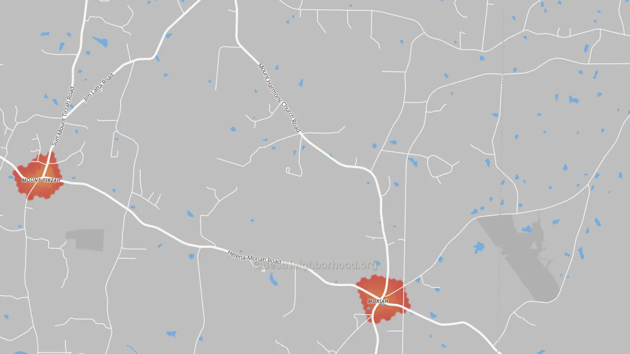 Walk Grade map of Moriah, NC, walkable areas in green and car-dependent areas in red