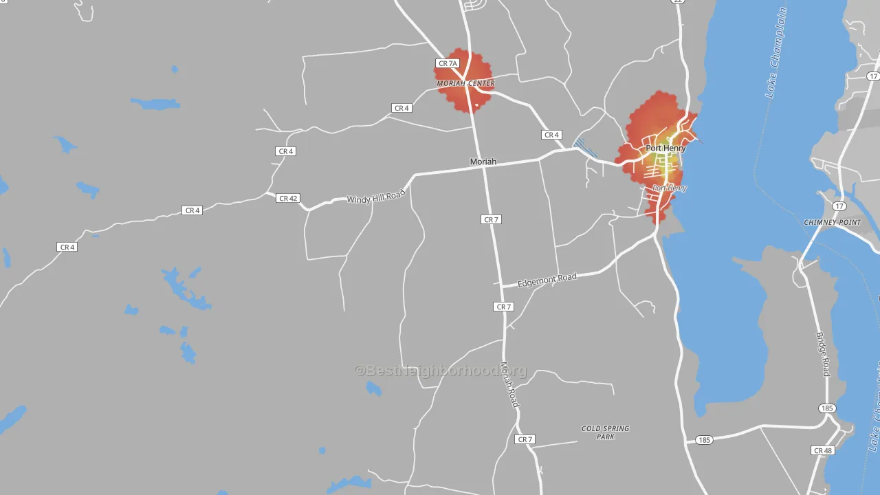 Walk Grade map of Moriah, NY, walkable areas in green and car-dependent areas in red