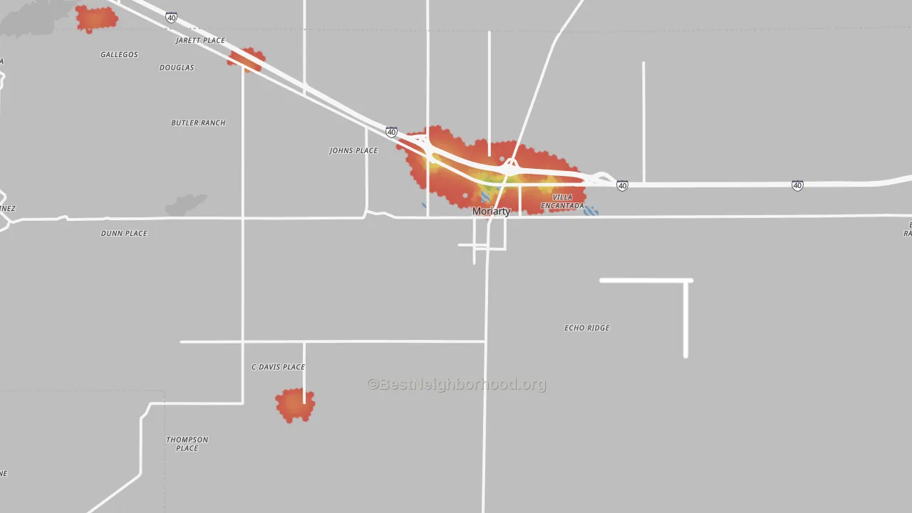 Walk Grade map of Moriarty, NM, walkable areas in green and car-dependent areas in red