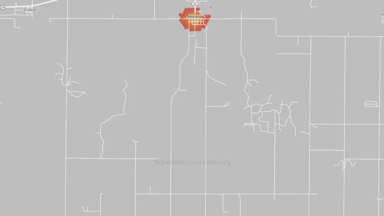 Walk Grade map of Morland, KS, walkable areas in green and car-dependent areas in red