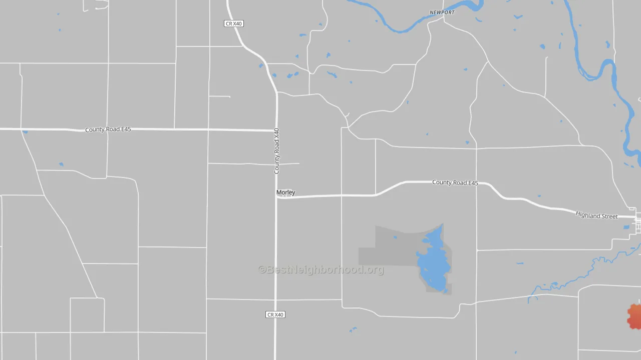 Walk Grade map of Morley, IA, walkable areas in green and car-dependent areas in red