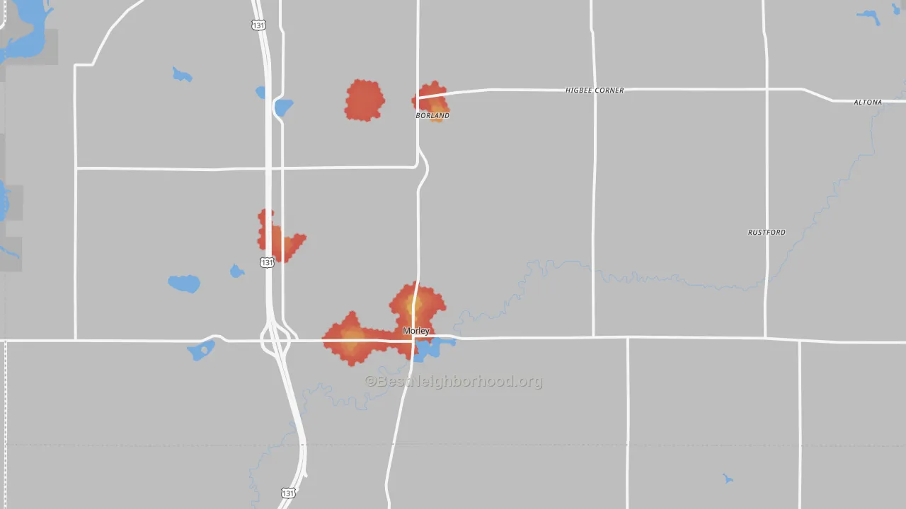 Walk Grade map of Morley, MI, walkable areas in green and car-dependent areas in red