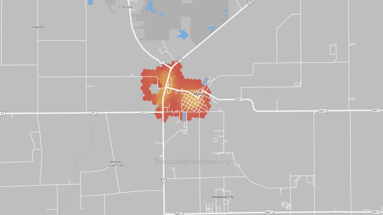 Walk Grade map of Morley, MO, walkable areas in green and car-dependent areas in red