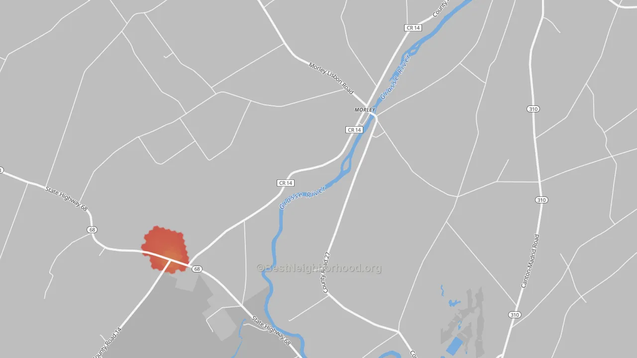 Walk Grade map of Morley, NY, walkable areas in green and car-dependent areas in red