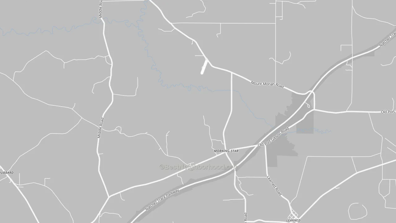 Walk Grade map of Morning Star, MS, walkable areas in green and car-dependent areas in red