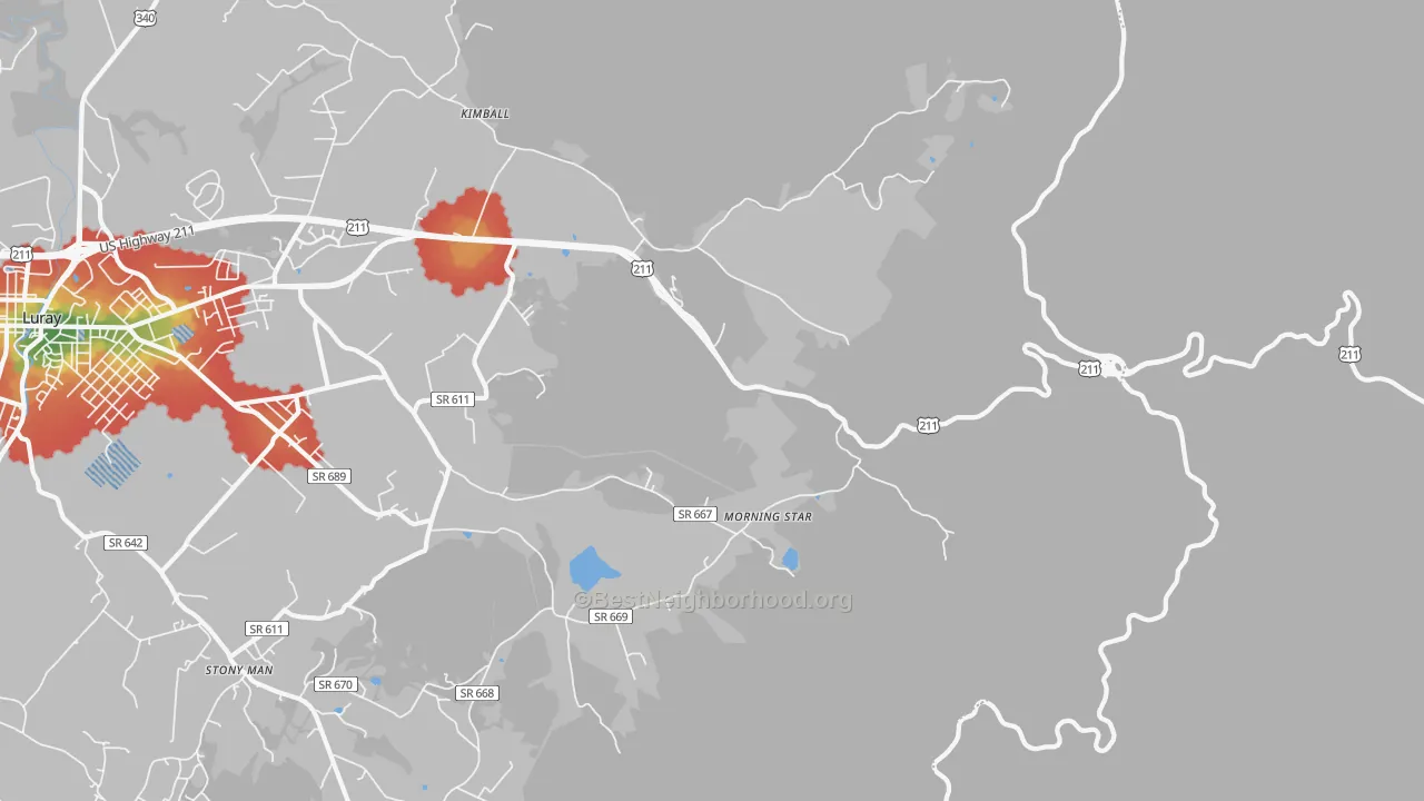Walk Grade map of Morning Star, VA, walkable areas in green and car-dependent areas in red