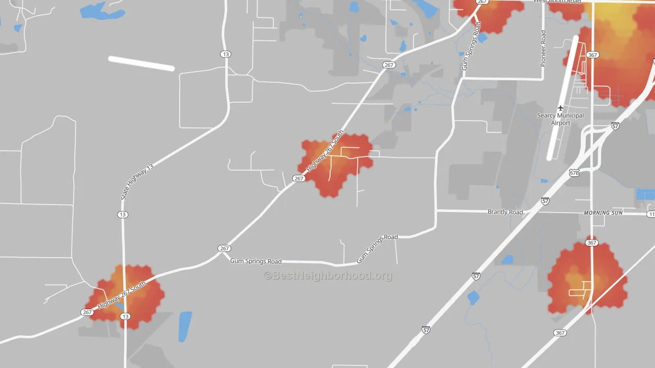 Walk Grade map of Morning Sun, AR, walkable areas in green and car-dependent areas in red