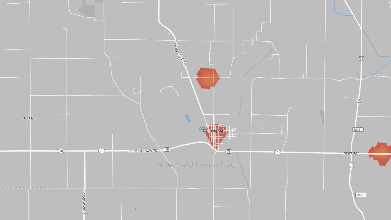 Walk Grade map of Morning Sun, IA, walkable areas in green and car-dependent areas in red