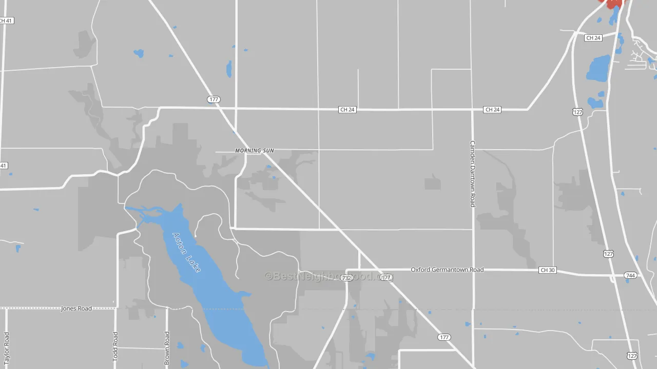 Walk Grade map of Morning Sun, OH, walkable areas in green and car-dependent areas in red