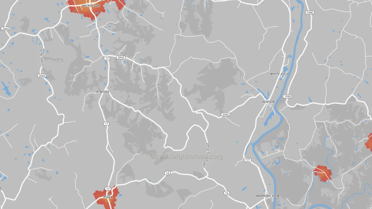 Walk Grade map of Morning View, KY, walkable areas in green and car-dependent areas in red