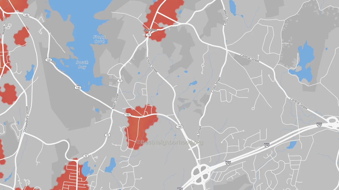 Walk Grade map of Morningdale, MA, walkable areas in green and car-dependent areas in red