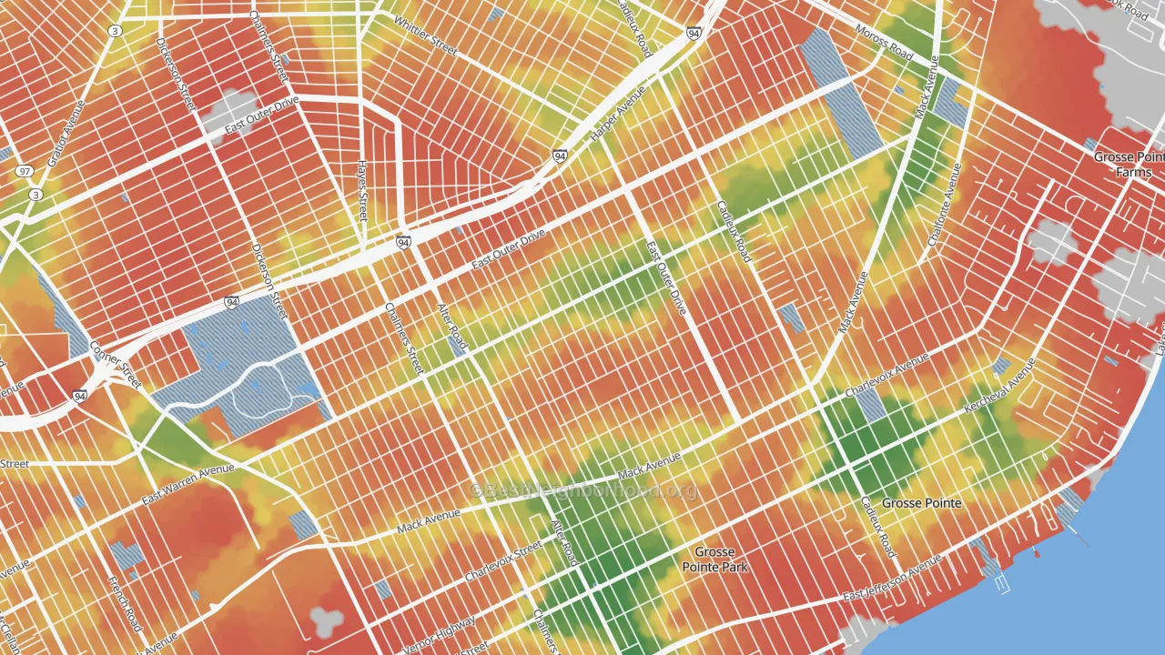 Walk Grade map of Morningside, Detroit, MI, walkable areas in green and car-dependent areas in red