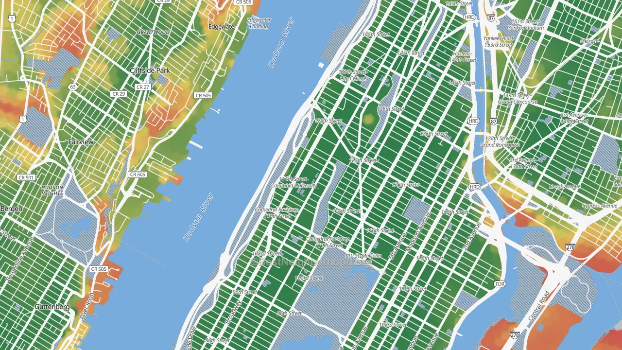 Walk Grade map of Morningside Heights, Manhattan, NY, walkable areas in green and car-dependent areas in red