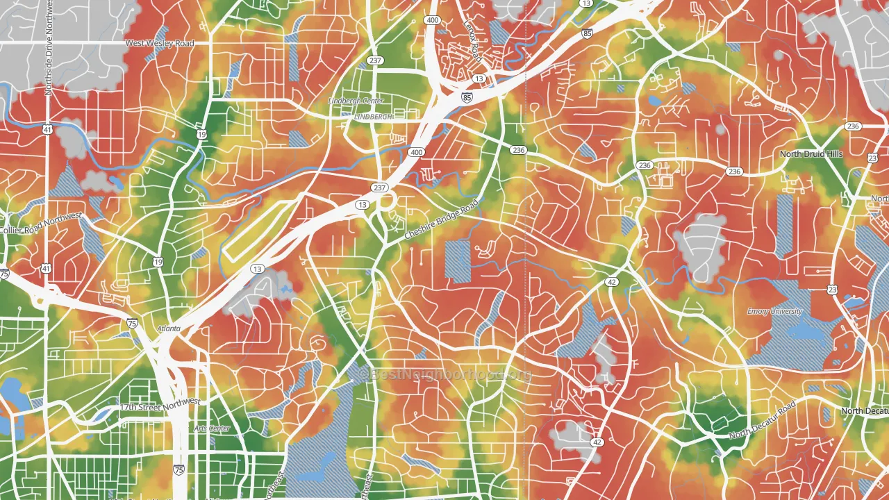 Walk Grade map of Morningside-Lenox Park, Atlanta, GA, walkable areas in green and car-dependent areas in red