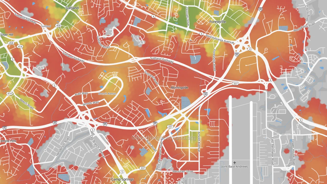 Walk Grade map of Morningside, MD, walkable areas in green and car-dependent areas in red