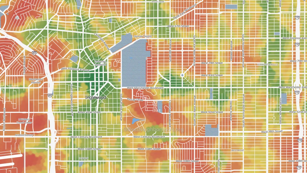 Walk Grade map of Morningside Park, Inglewood, CA, walkable areas in green and car-dependent areas in red
