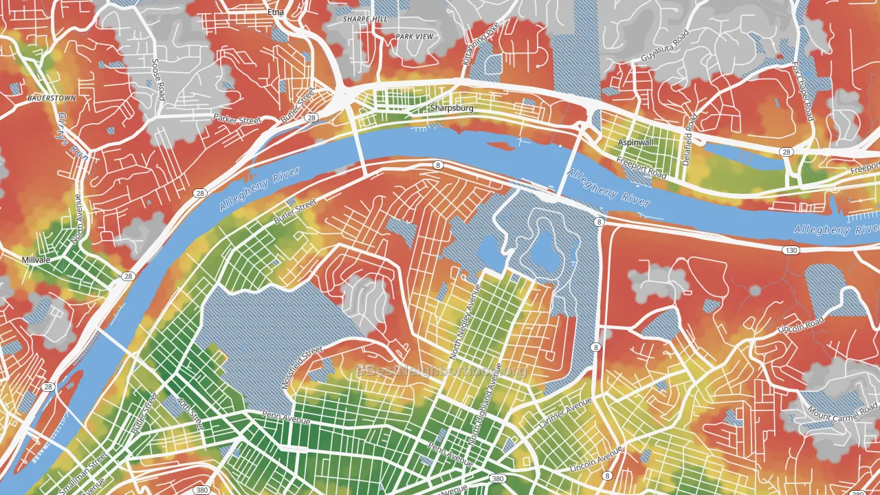 Walk Grade map of Morningside, Pittsburgh, PA, walkable areas in green and car-dependent areas in red