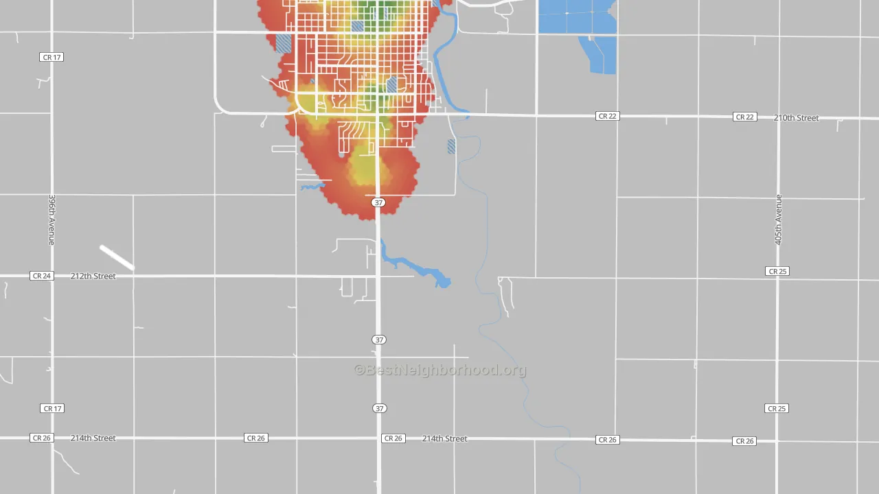 Walk Grade map of Morningside, SD, walkable areas in green and car-dependent areas in red