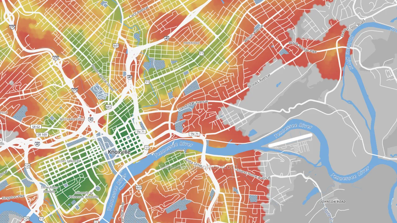 Walk Grade map of Mornngside, Knoxville, TN, walkable areas in green and car-dependent areas in red