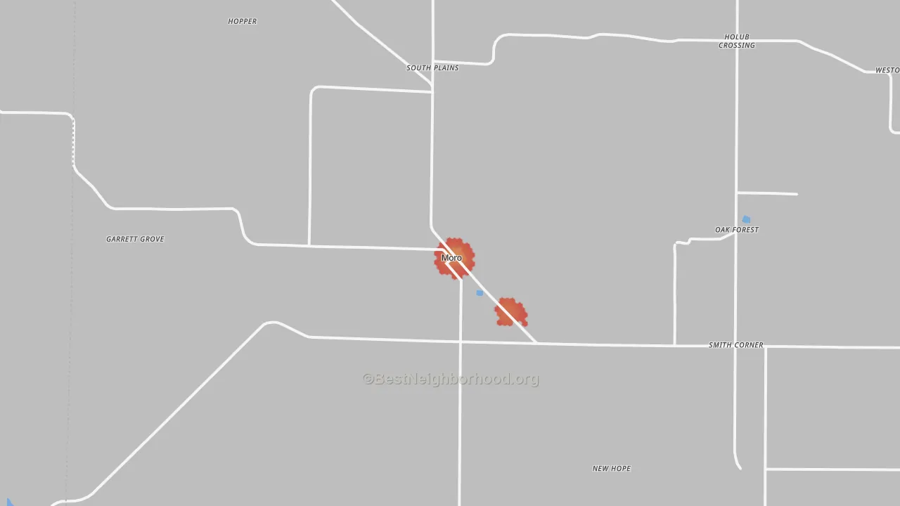 Walk Grade map of Moro, AR, walkable areas in green and car-dependent areas in red