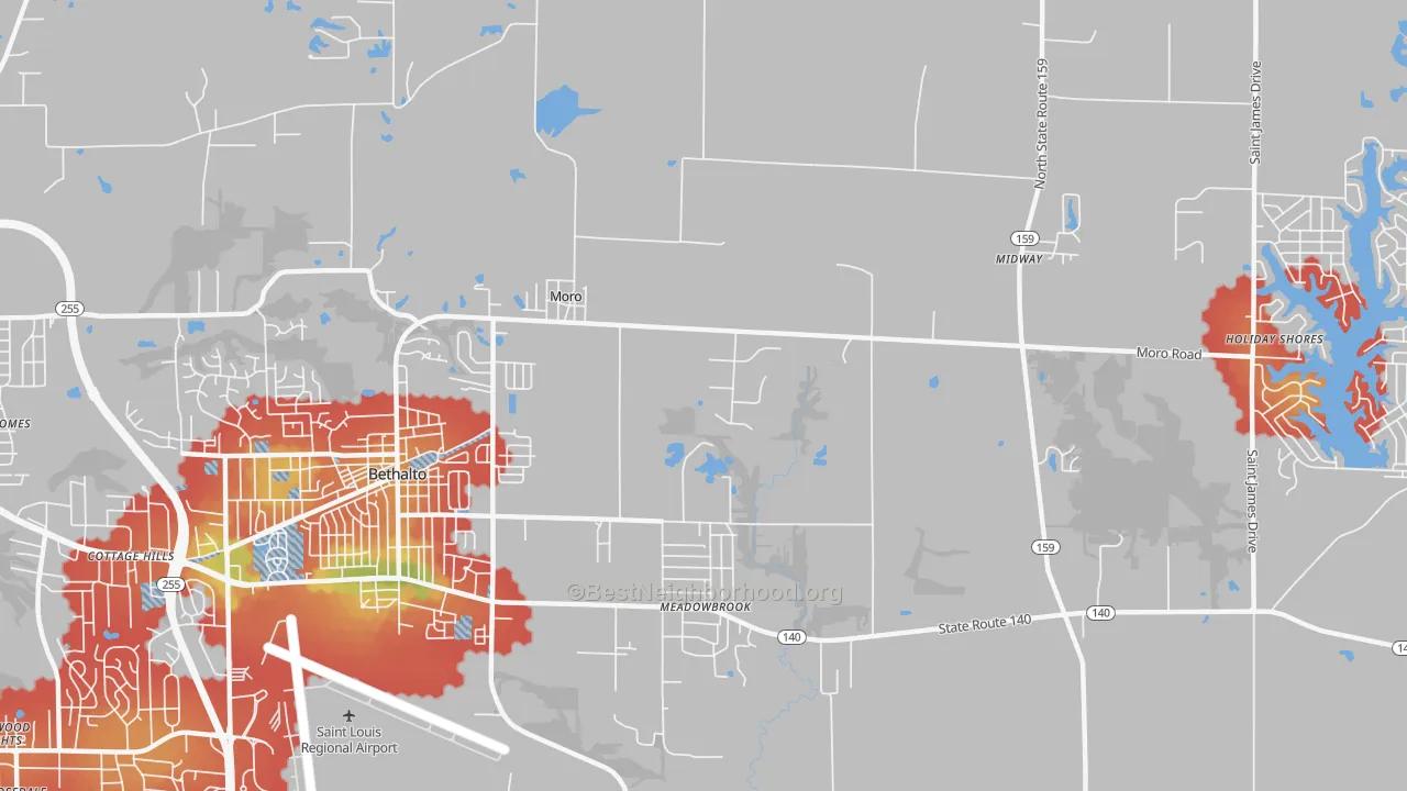 Walk Grade map of Moro, IL, walkable areas in green and car-dependent areas in red