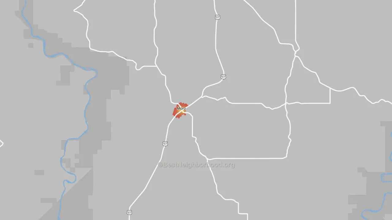 Walk Grade map of Moro, OR, walkable areas in green and car-dependent areas in red