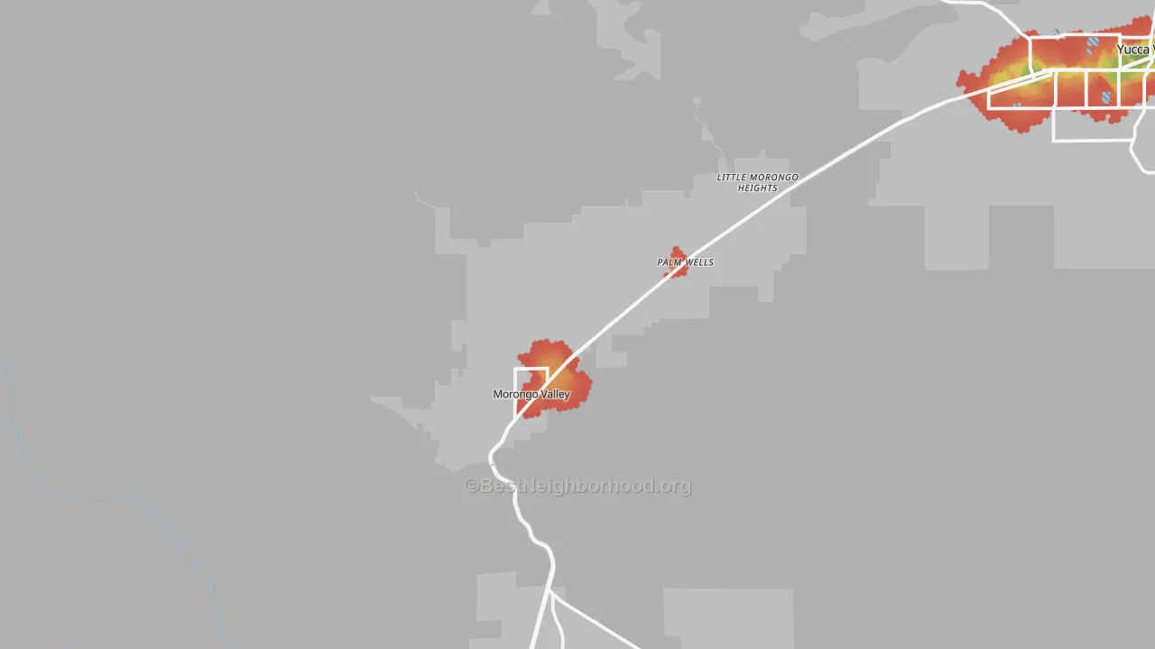 Walk Grade map of Morongo Valley, CA, walkable areas in green and car-dependent areas in red