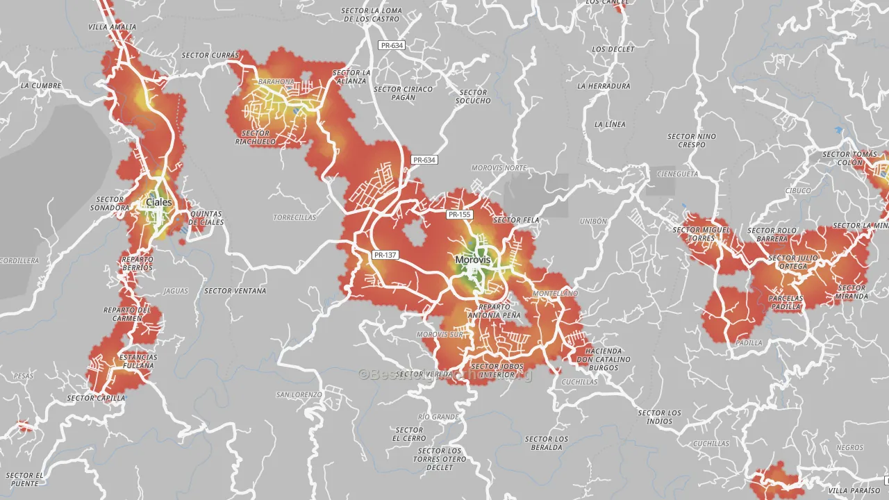 Walk Grade map of Morovis Municipio, PR, walkable areas in green and car-dependent areas in red