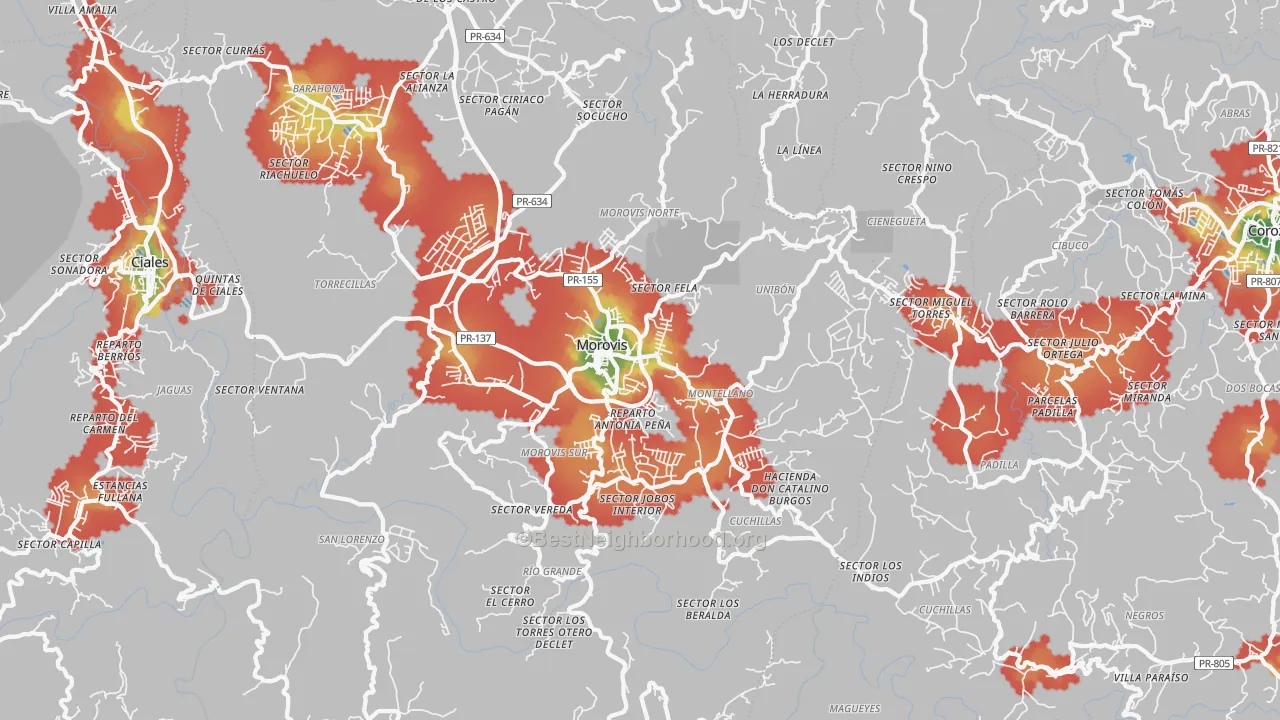 Walk Grade map of Morovis, PR, walkable areas in green and car-dependent areas in red