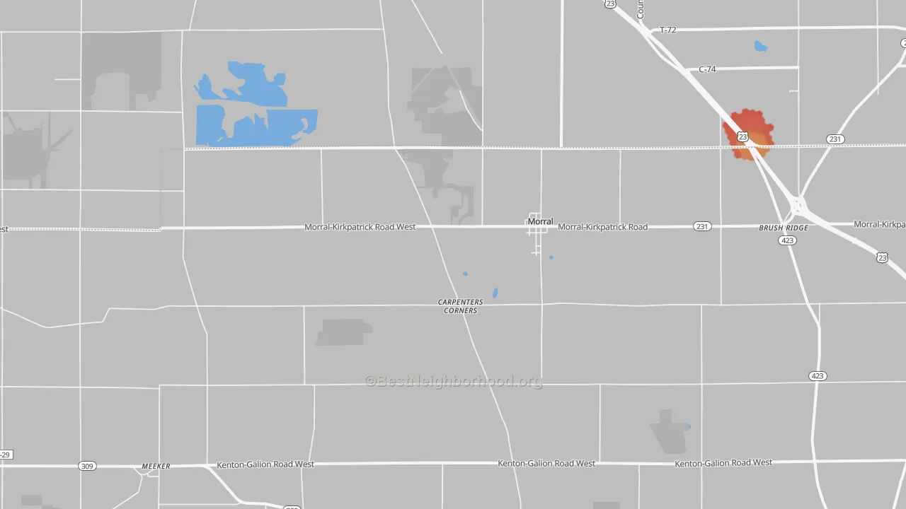 Walk Grade map of Morral, OH, walkable areas in green and car-dependent areas in red