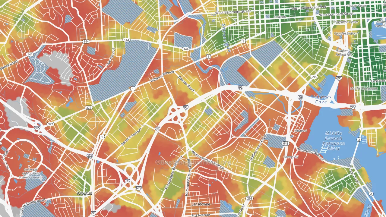 Walk Grade map of Morrell Park, Baltimore, MD, walkable areas in green and car-dependent areas in red