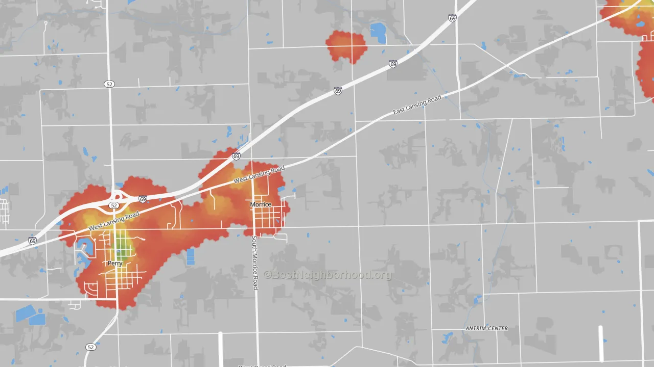 Walk Grade map of Morrice, MI, walkable areas in green and car-dependent areas in red