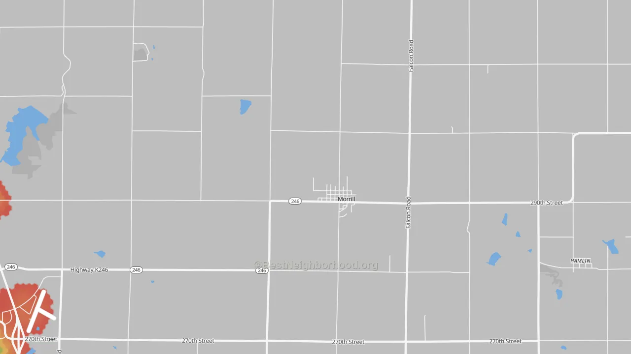 Walk Grade map of Morrill, KS, walkable areas in green and car-dependent areas in red