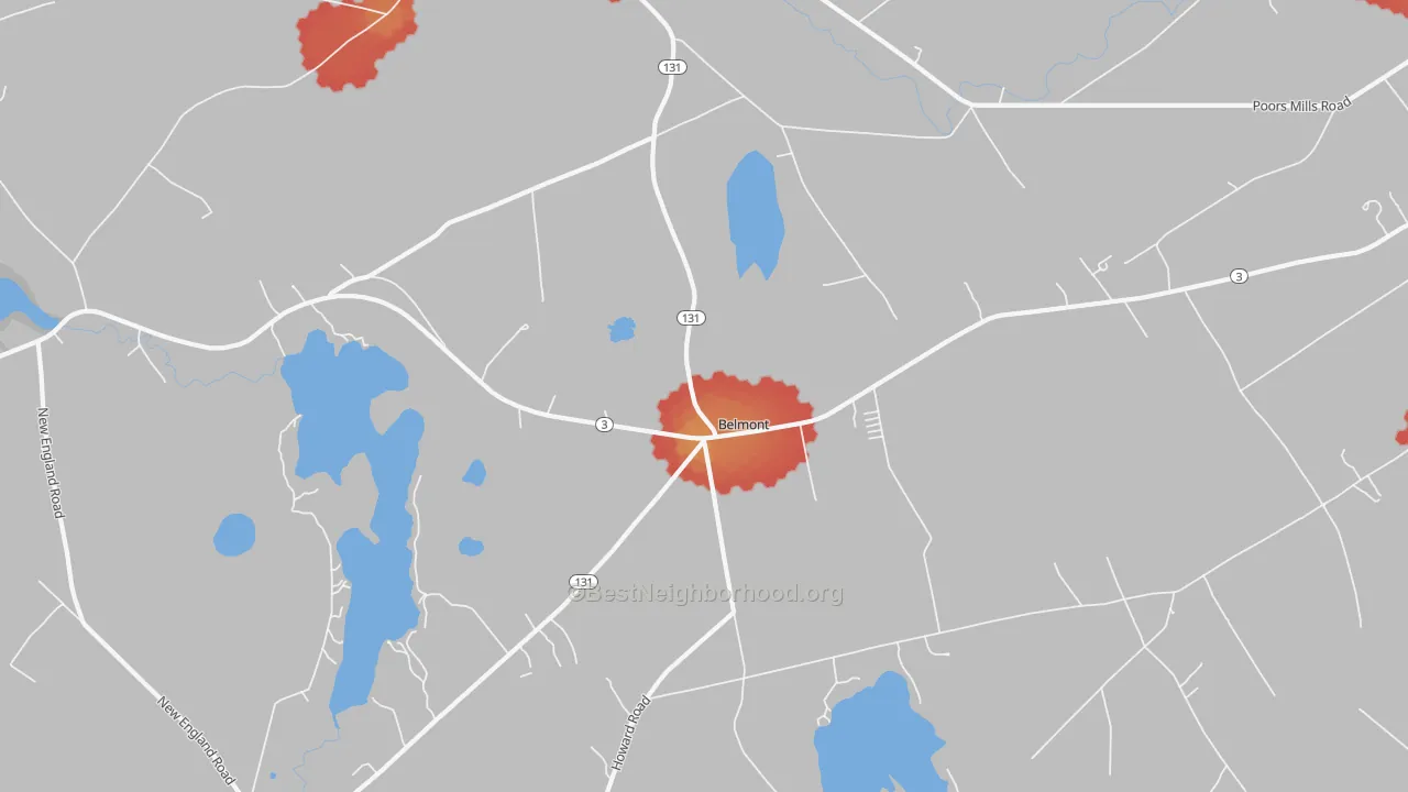 Walk Grade map of Morrill, ME, walkable areas in green and car-dependent areas in red