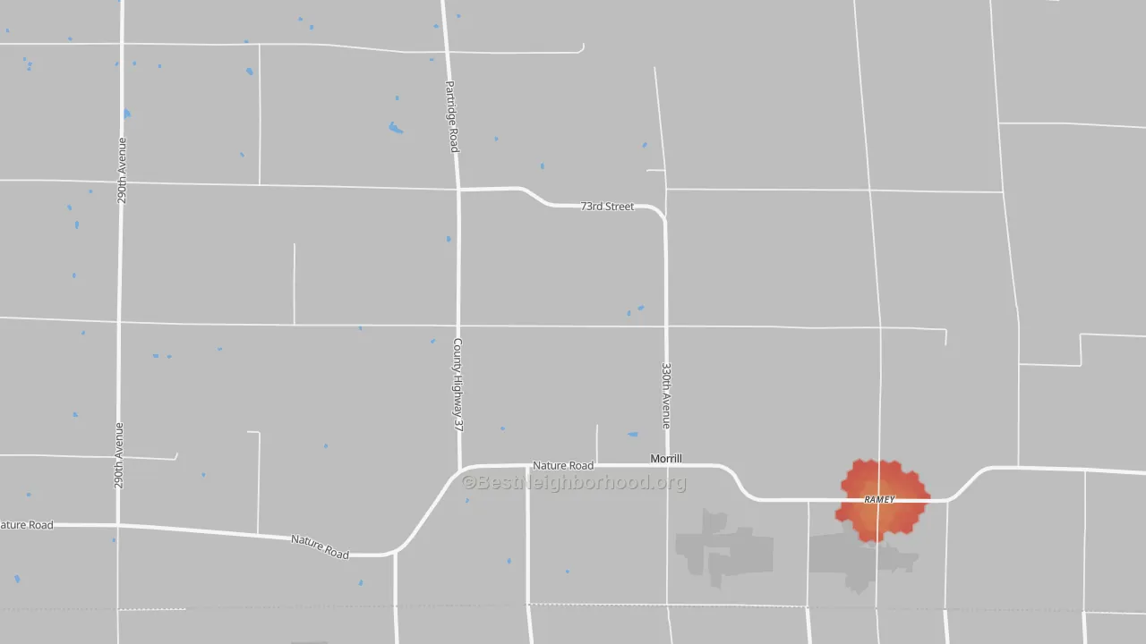 Walk Grade map of Morrill, MN, walkable areas in green and car-dependent areas in red