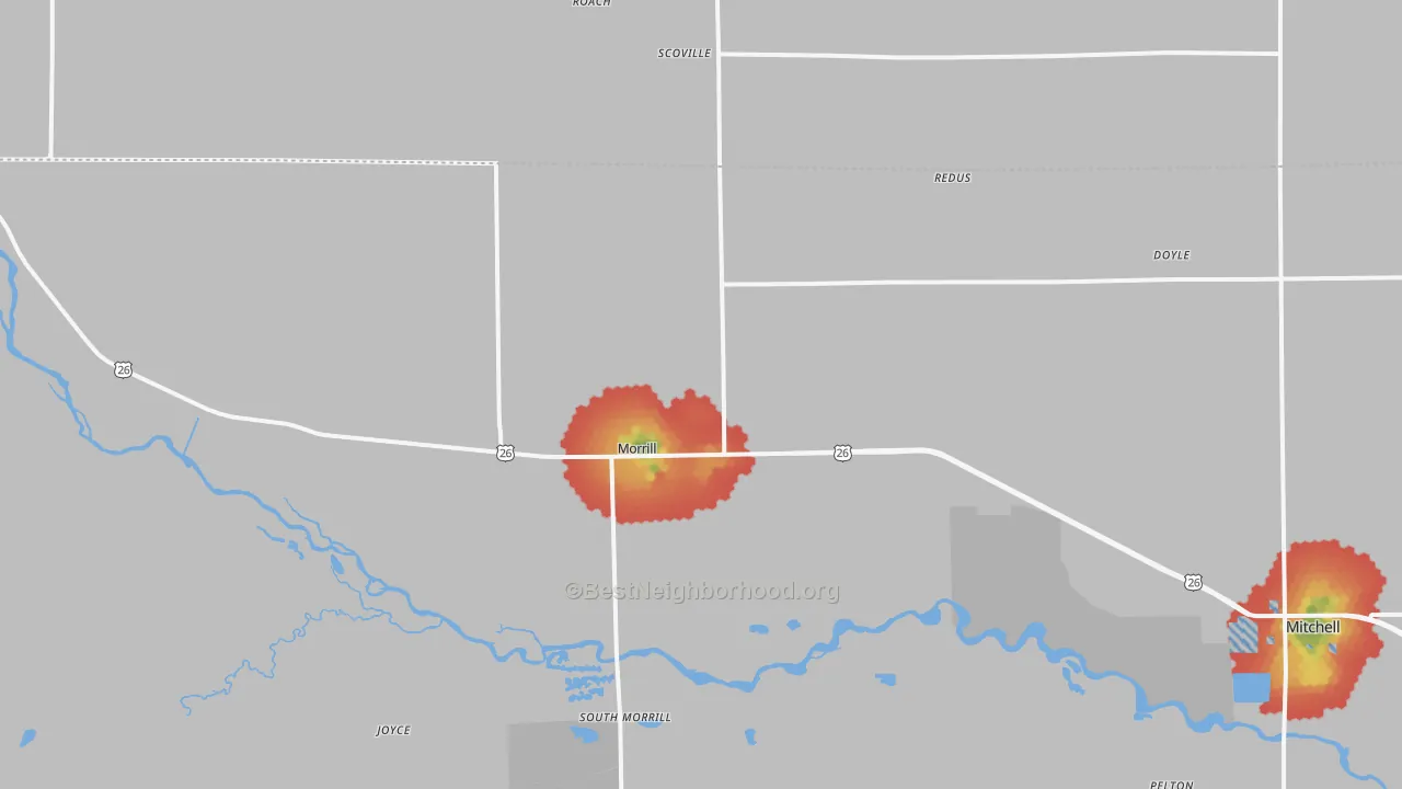 Walk Grade map of Morrill, NE, walkable areas in green and car-dependent areas in red