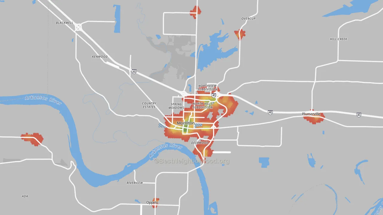 Walk Grade map of Morrilton, AR, walkable areas in green and car-dependent areas in red