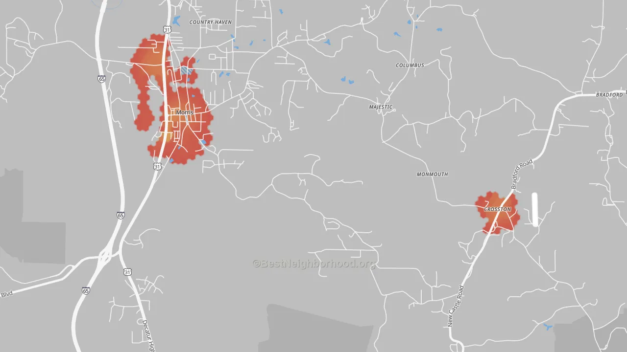 Walk Grade map of Morris, AL, walkable areas in green and car-dependent areas in red
