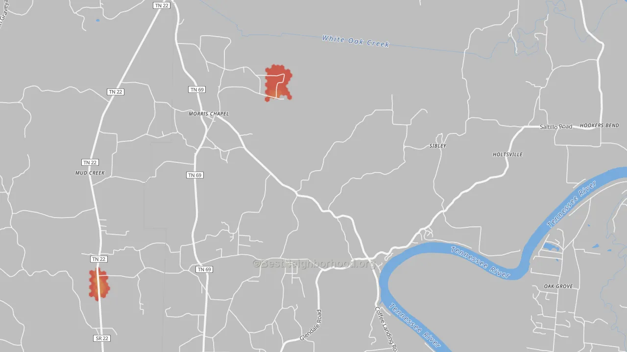 Walk Grade map of Morris Chapel, TN, walkable areas in green and car-dependent areas in red