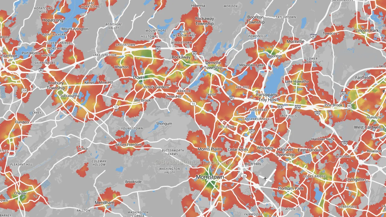 Walk Grade map of Morris County, NJ, walkable areas in green and car-dependent areas in red