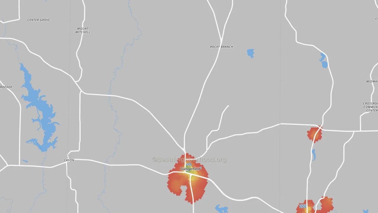 Walk Grade map of Morris County, TX, walkable areas in green and car-dependent areas in red